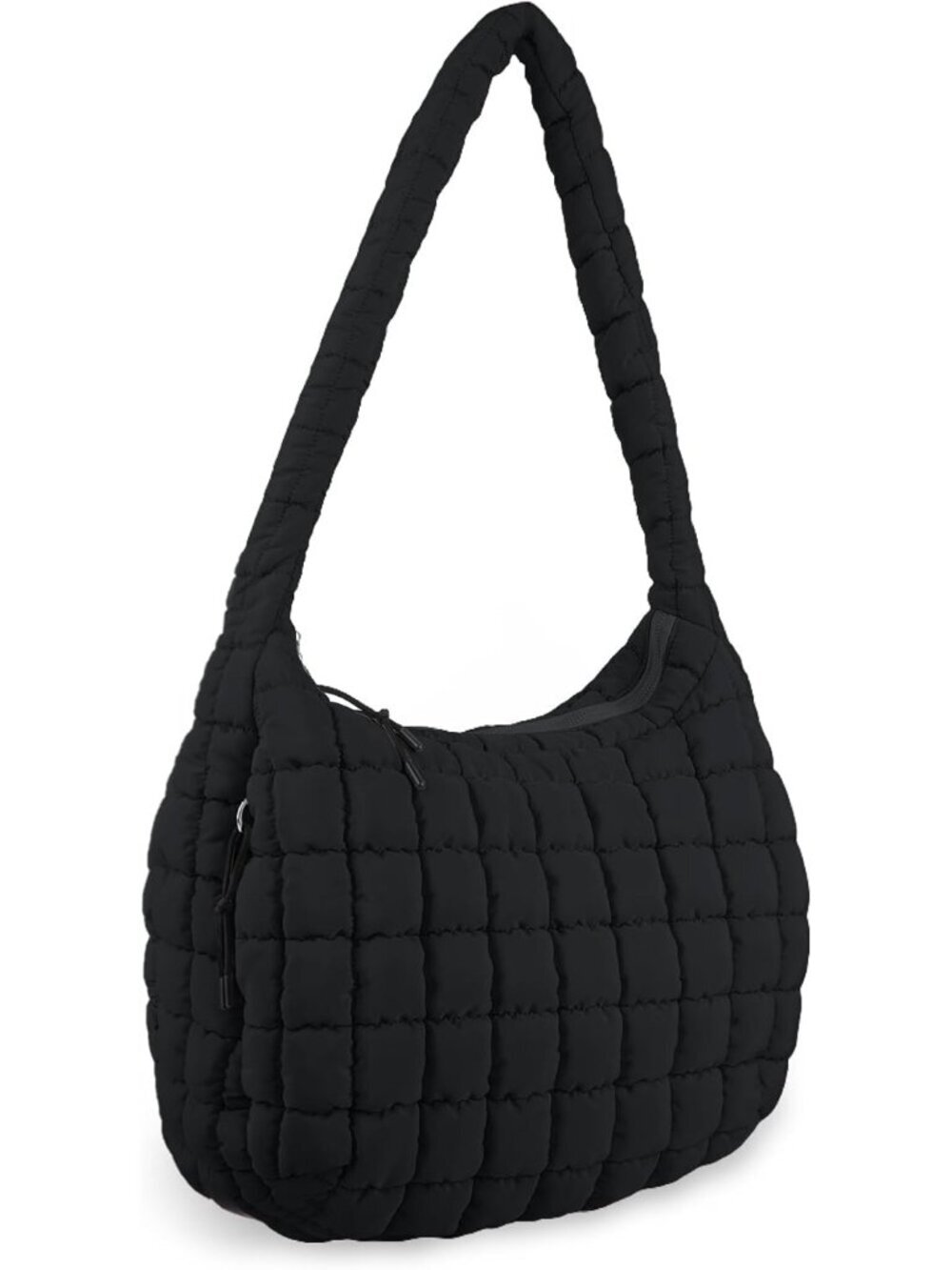 Women's Black Quilted Puffer Lightweight Zipper Nylon Hobo Shoulder Handbag